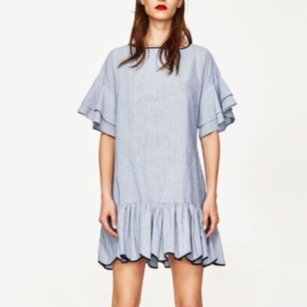 Zara Basic Blue White Pinstripe Ruffle Flutter Sleeve Ruffle Hem Shift Dress